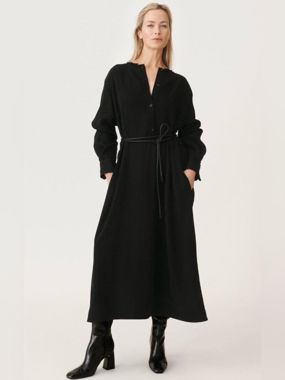 Zara Buttoned Midi Dress Neck Frayed Det Long Sleeve 50th Anniversary Oversized